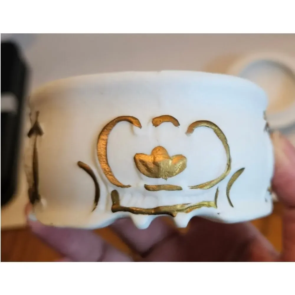 VTG Porcelain, Bisque Trinket Box Ornate Gold Scroll Porcelain Flower UCGC Korea